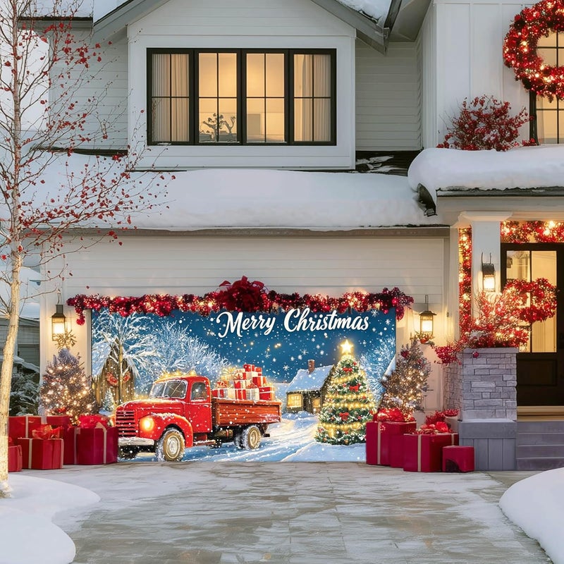 IVN Christmas Garage Door Banner 6x13 ft Red Vintage Truck with Gifts Backdrop Garage Door Covers Decorative Holiday Garage Door Cover Mural Snowy Christmas Tree Scene - Image 4